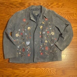 100% Leather Embroidered Gray Suede Jacket with Floral Detail